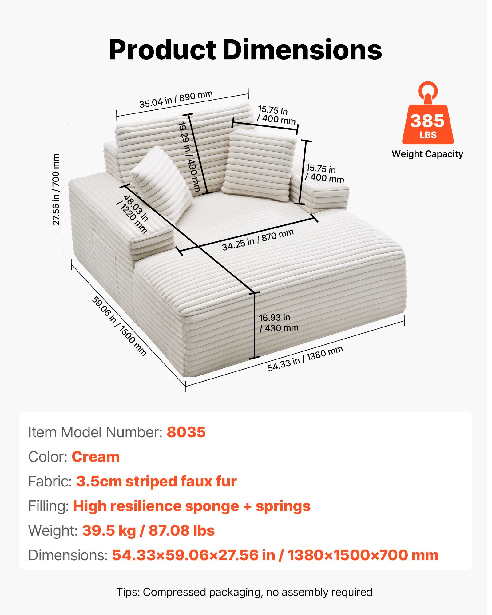 VEVOR Leżanka relaksacyjna 138 cm, tapicerowana sofa z funkcją spania z ozdobnymi poduszkami i podłokietnikami, rozkładana sofa z głębokim siedziskiem do salonu i sypialni, fotel wypoczynkowy z gąbki o wysokiej wytrzymałości w kolorze beżowym