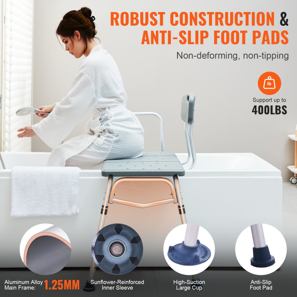 Ławka transferowa VEVOR do wanny, regulowane siedziska prysznicowe dla dorosłych, lekka ławka prysznicowa dla seniorów i osób niepełnosprawnych, antypoślizgowe siedziska do wanny z podłokietnikami i odwracalnym oparciem
