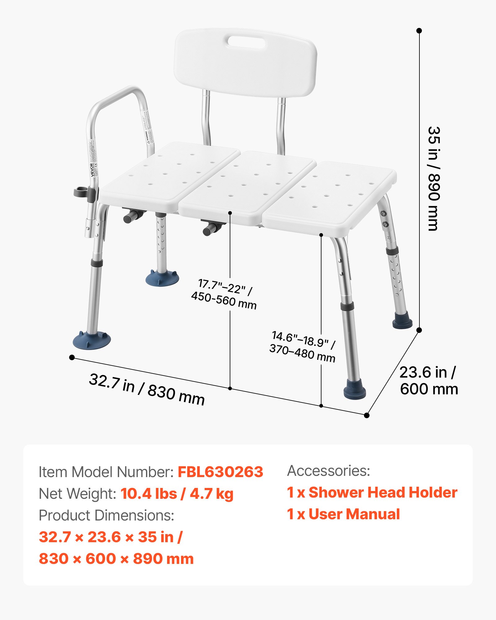 Ławka do wanny VEVOR, udźwig 180 kg, krzesło prysznicowe z podłokietnikami i oparciem, regulowana wysokość siedziska wannowego (37-48 cm) dla osób niepełnosprawnych i seniorów, kolor biały