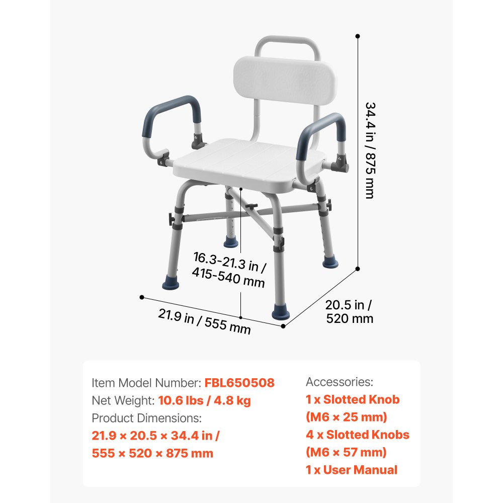 VEVOR Swivel Shower Chair with Arms and Back, 227 kg Load Heavy Duty Bench Seat for Inside Shower Stall and Bathtub, Height Adjustable Bathroom Bath Tub Seat for Adults, Seniors, Elderly and Disabled