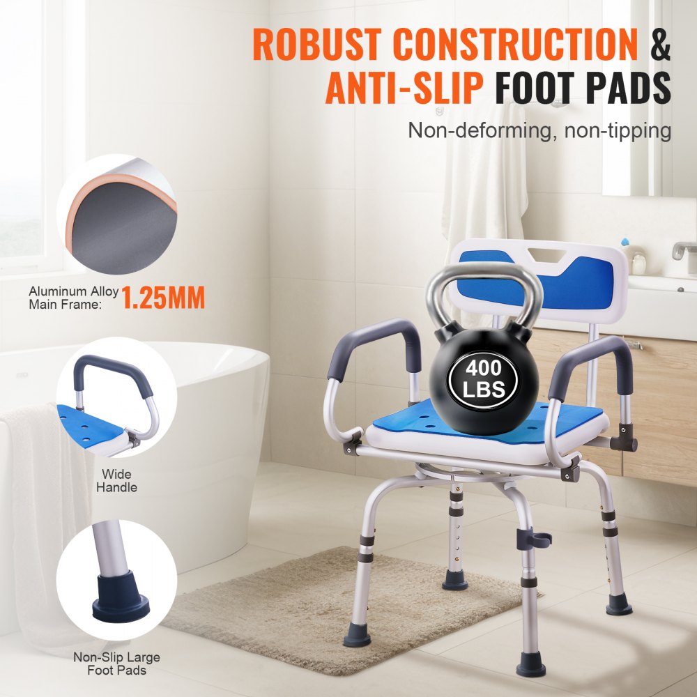 VEVOR 360 Degree Swivel Shower Chair, Adjustable Shower Seat with Swiveling Armrests for Indoor Showers or Bathtubs, Non-Slip Rotating Bathtub Shower Chair for the Elderly, Disabled, and Injured