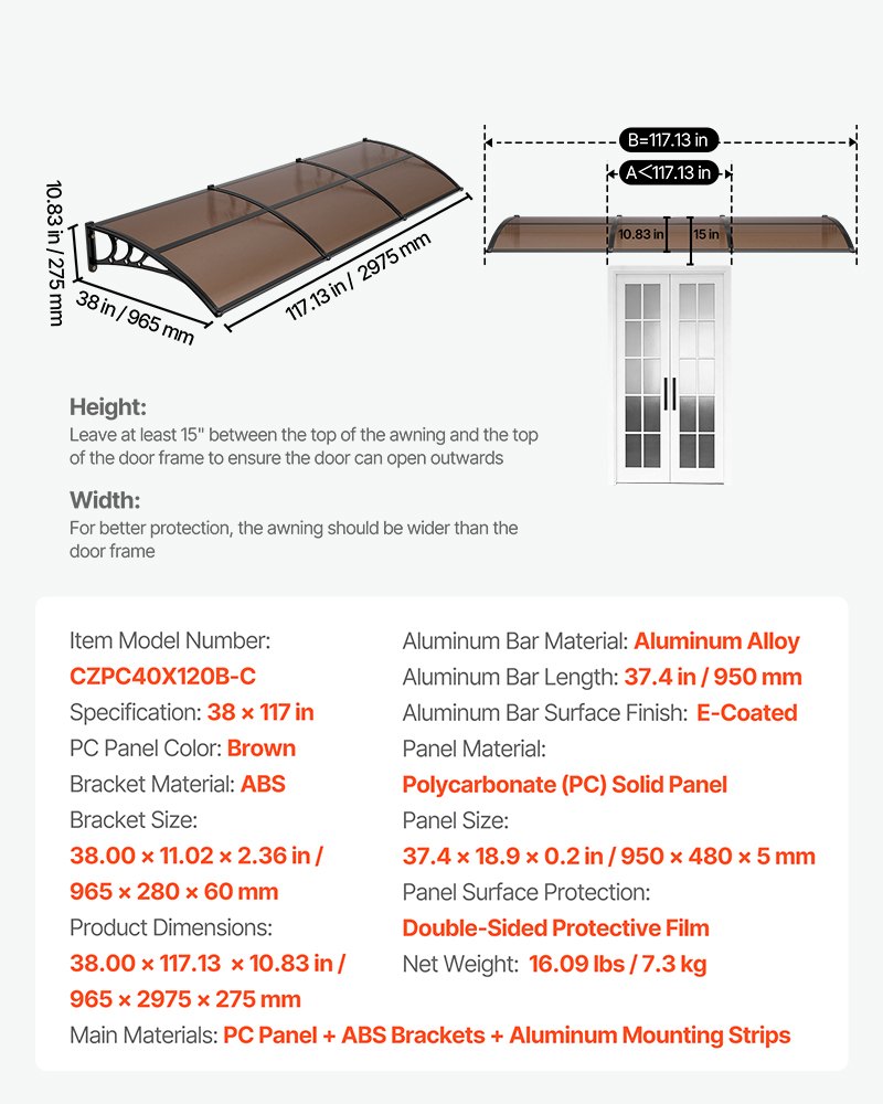 VEVOR Awnings for Door Entrance, 38 x 117 in, Exterior Front Door Window Awnings with Drainage & ABS Bracket, Rain Snow Sun Protection, Overhang Polycarbonate Door Canopy for Porch Patio, Brown