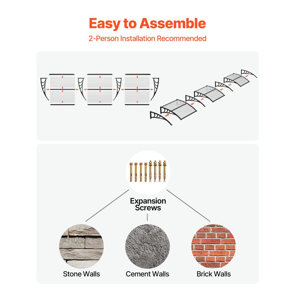 Baldachim VEVOR na drzwi wejściowe 965x2975 mm, daszek daszkowy, daszek daszkowy z odwodnieniem i uchwytem ABS, ochrona przed deszczem, śniegiem i słońcem, dach z poliwęglanu na werandę i taras, przezroczysty