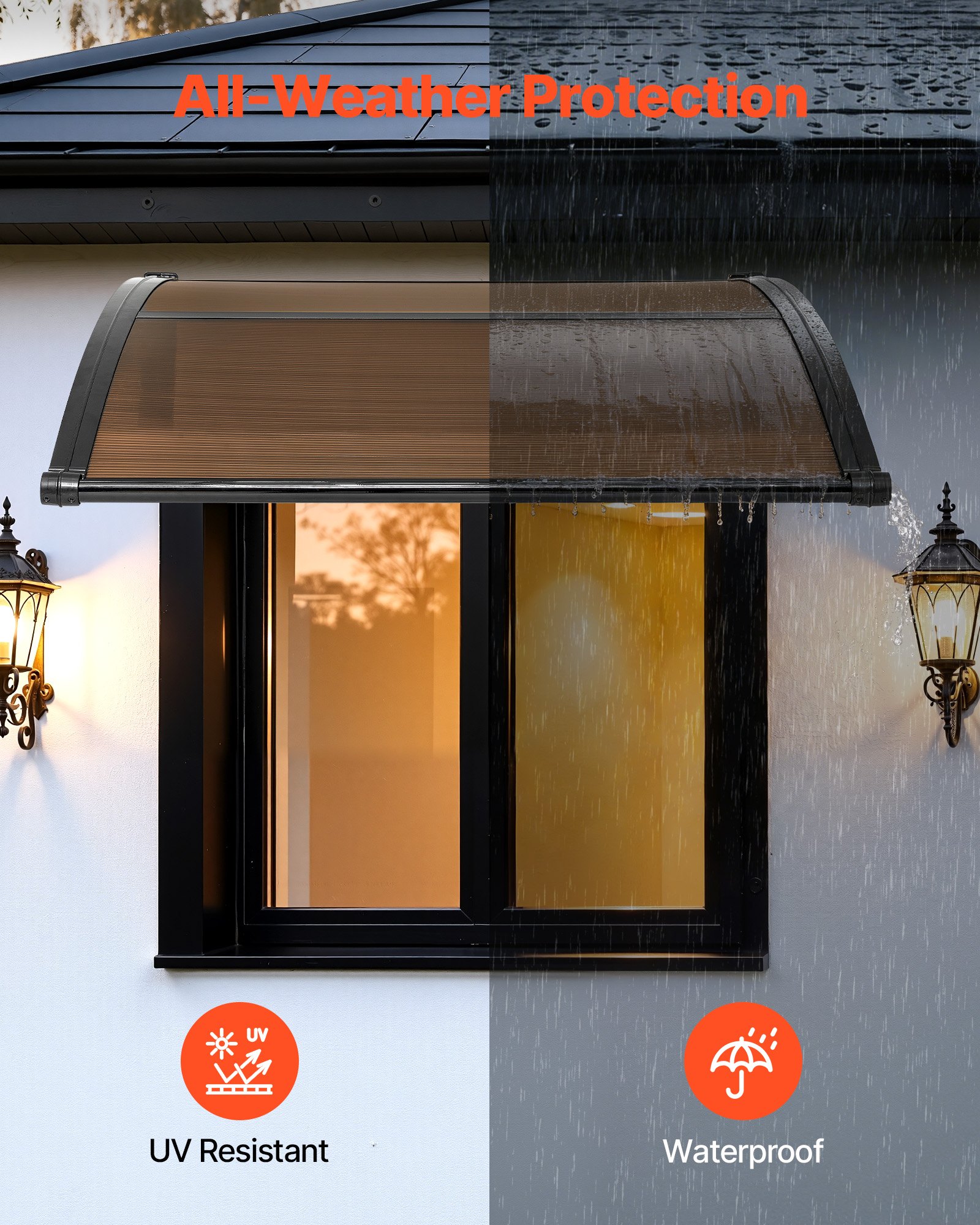 VEVOR Awnings for Door Entrance, 38 x 40 in, Exterior Front Door Window Awnings with Drainage & ABS Bracket, Rain Snow Sun Protection, Overhang Polycarbonate Door Canopy for Porch Patio, Brown