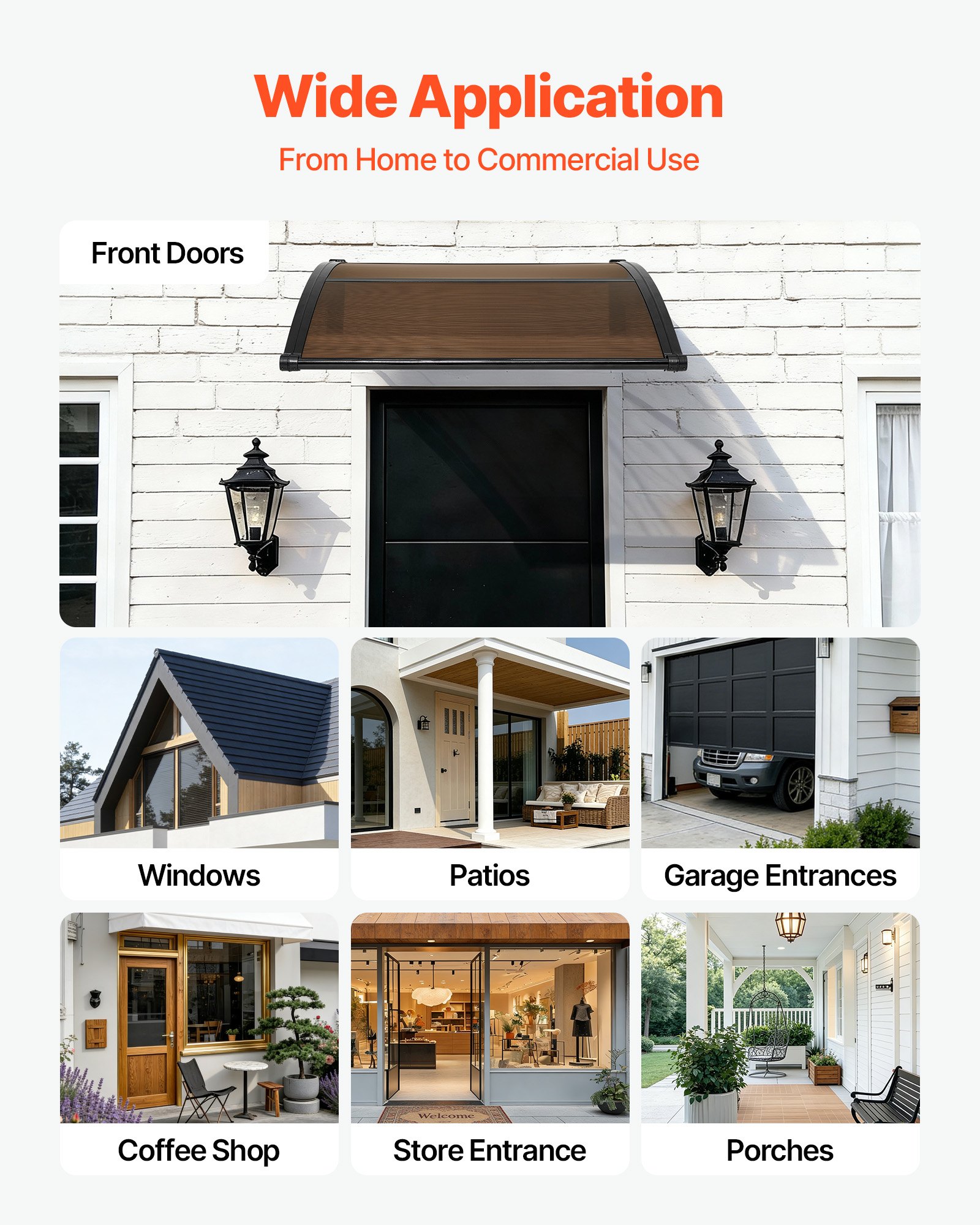 VEVOR Awnings for Door Entrance, 38 x 40 in, Exterior Front Door Window Awnings with Drainage & ABS Bracket, Rain Snow Sun Protection, Overhang Polycarbonate Door Canopy for Porch Patio, Brown