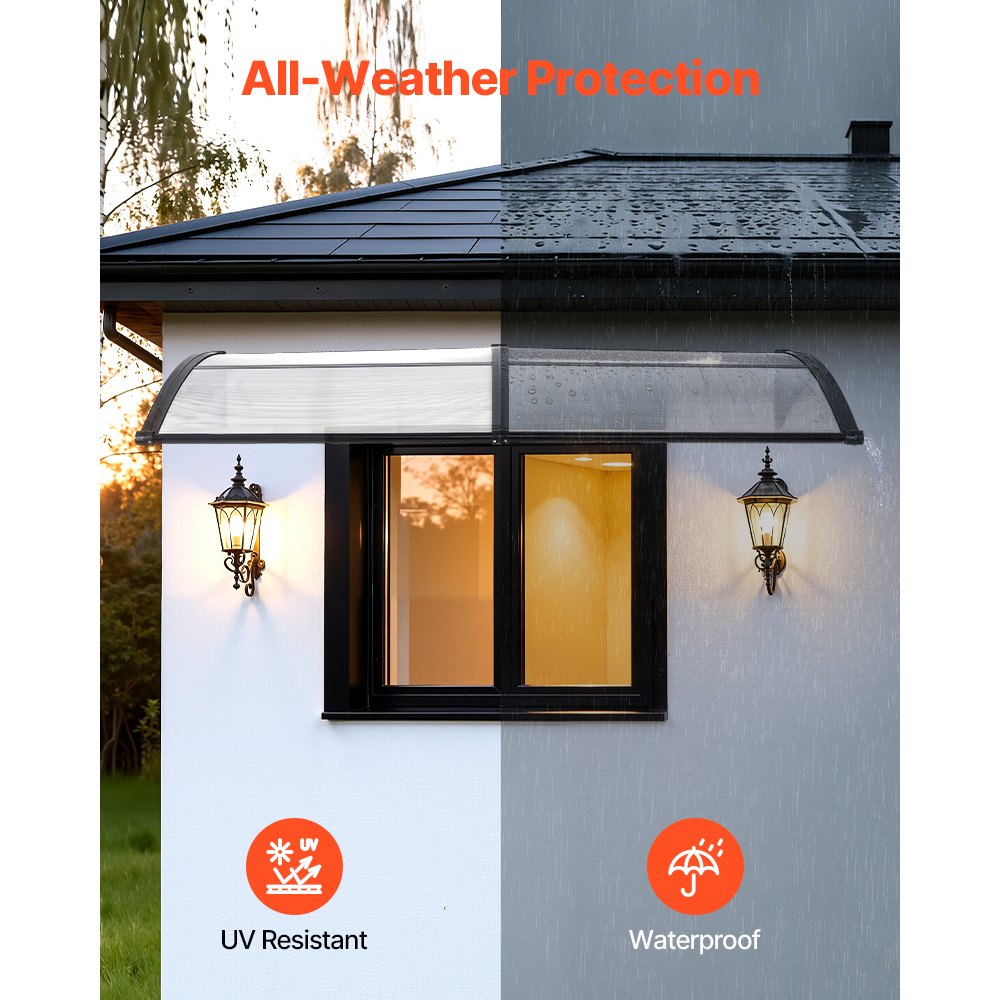 Baldachim VEVOR na drzwi wejściowe 965x1987 mm, daszek dobudowy, daszek dobudowy z odpływem i uchwytem ABS, ochrona przed deszczem, śniegiem i słońcem, daszek z poliwęglanu na werandę i taras, przezroczysty