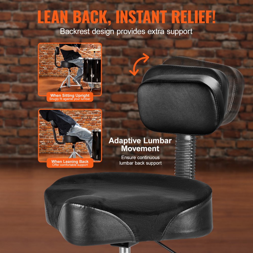 Stołek perkusyjny VEVOR z oparciem, regulacja wysokości 490-640 mm, hydraulicznie wyściełane siedzisko stołka siodłowego z antypoślizgowymi nóżkami, pałeczki perkusyjne o maksymalnym obciążeniu 227 kg, obrót o 360° dla perkusistów