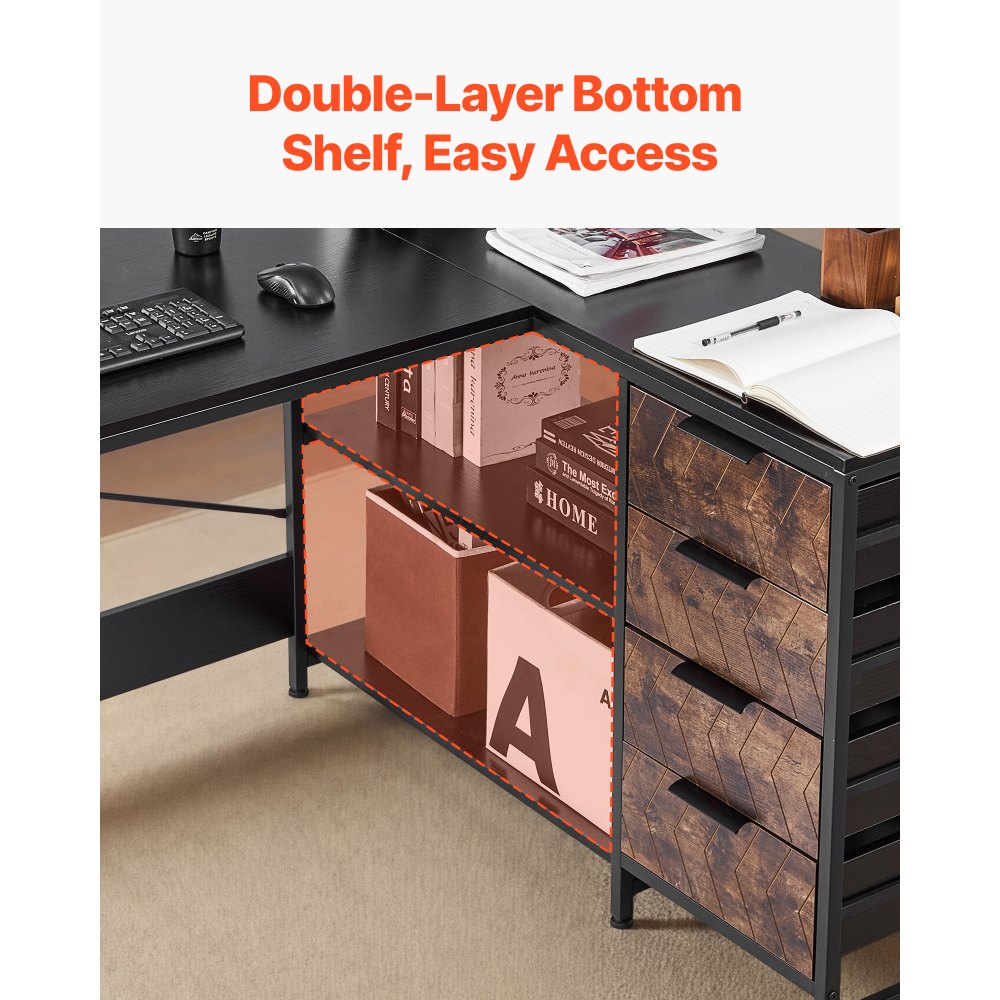 VEVOR L-Shaped Computer Desk, 1.5m Reversible Corner Gaming Desk with Drawers & Storage Shelves, Modern Stylish PC Table Sturdy Work Workstation for Home Office - Easy to Assembly