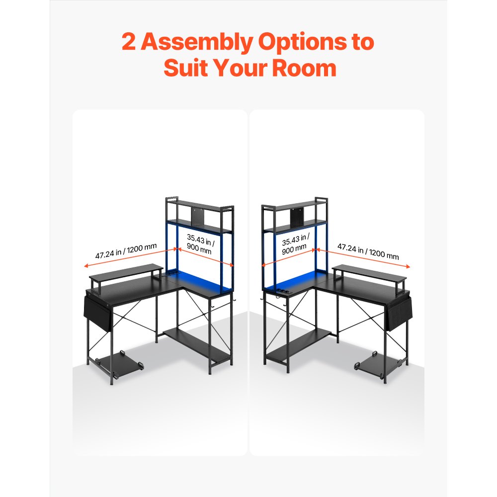 Biurko gamingowe VEVOR w kształcie litery L, 1,2 m, narożne biurko komputerowe z podstawą pod monitor, gniazdkami elektrycznymi, wysuwaną podstawą pod komputer i półką, biurko narożne o udźwigu 68 kg, biurko gamingowe do biura domowego