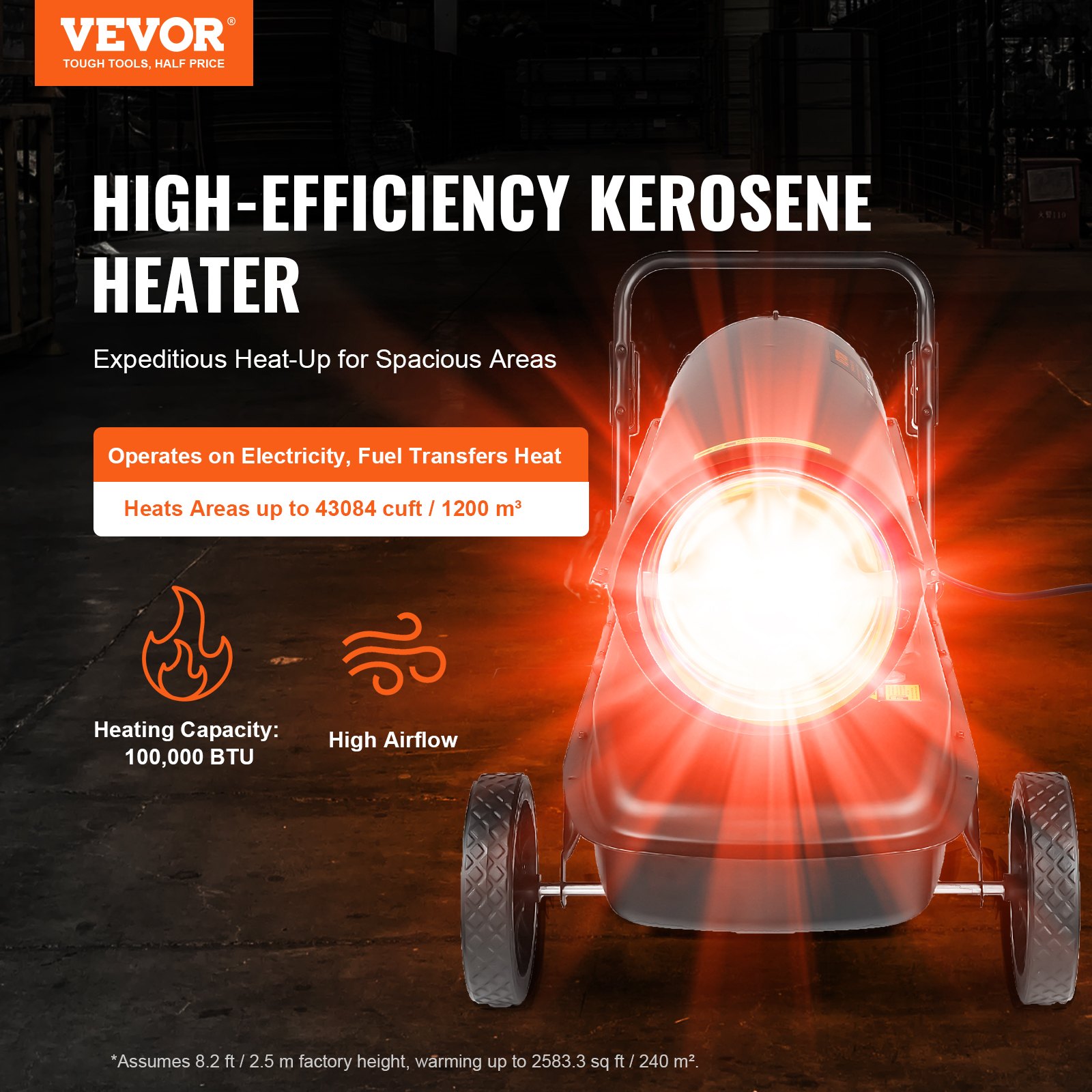 VEVOR Kerosene/Diesel Warm Air Heater, 100,000 BTU Torpedo Space Heater, Portable with Thermostat Control, 38-Liter Tank, Efficient Kerosene Heater for Indoor and Outdoor Use for Home, Construction Site, Industry, Workshops, Black