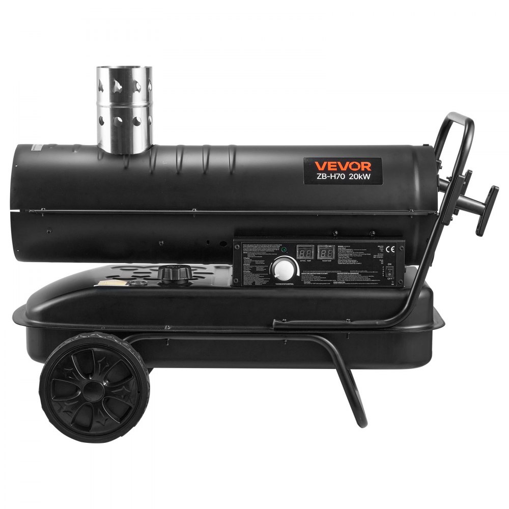 Nagrzewnica VEVOR 20 kW na olej napędowy, nagrzewnica Torpedo z kołami i regulacją temperatury, wentylator nagrzewnicy na olej napędowy do użytku na placu budowy/w garażu/magazynie/warsztacie/na zewnątrz, kolor czarny