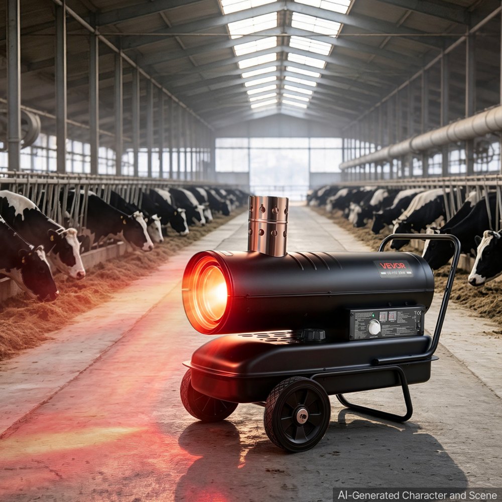 Nagrzewnica VEVOR Indirect 20 kW, nagrzewnica diesla, nagrzewnica naftowa 38 l, do warsztatu, garażu, magazynu i placu budowy, sterowanie termostatem, filtracja dwupaliwowa, maks. 1100 m³/h i 128 m², kolor czarny