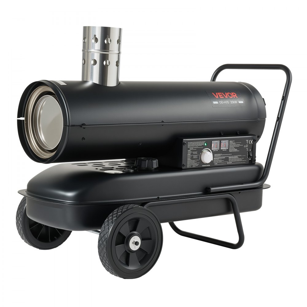 Nagrzewnica VEVOR Indirect 20 kW, nagrzewnica diesla, nagrzewnica naftowa 38 l, do warsztatu, garażu, magazynu i placu budowy, sterowanie termostatem, filtracja dwupaliwowa, maks. 1100 m³/h i 128 m², kolor czarny