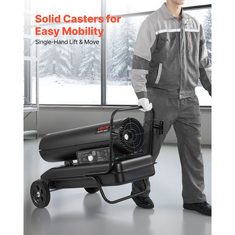 VEVOR 50kW Forced Air Kerosene Diesel Heater, Portable Torpedo Space Heater with Wheels & Adjustable Temp, Blower-Type for Jobsite/Garage/Warehouse/Workshop Construction /Outdoor Heating,Black