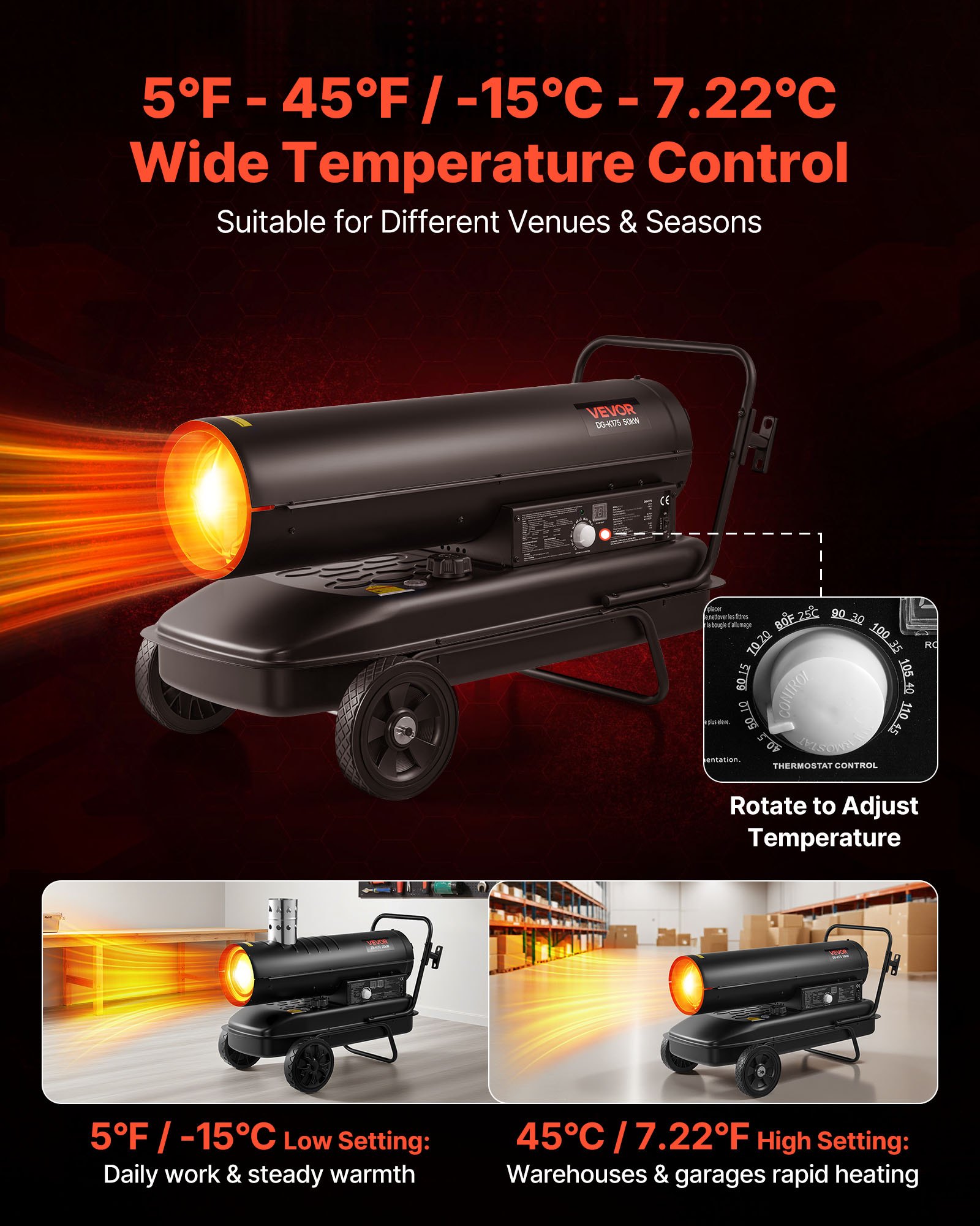 VEVOR 50kW Forced Air Kerosene Diesel Heater, Portable Torpedo Space Heater with Wheels & Adjustable Temp, Blower-Type for Jobsite/Garage/Warehouse/Workshop Construction /Outdoor Heating,Black