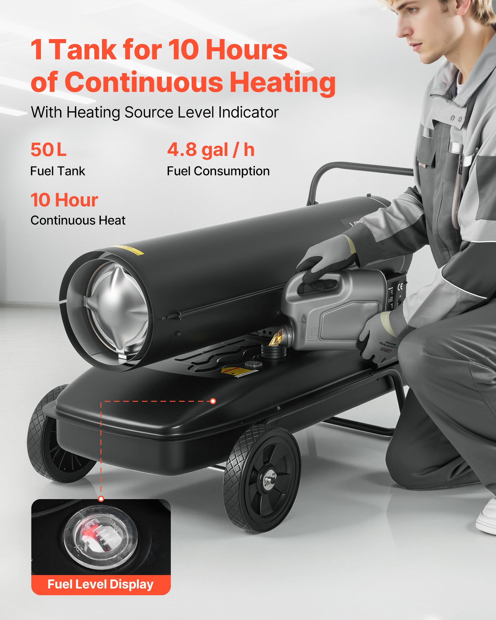 VEVOR 50kW Forced Air Kerosene Diesel Heater, Portable Torpedo Space Heater with Wheels & Adjustable Temp, Blower-Type for Jobsite/Garage/Warehouse/Workshop Construction /Outdoor Heating,Black