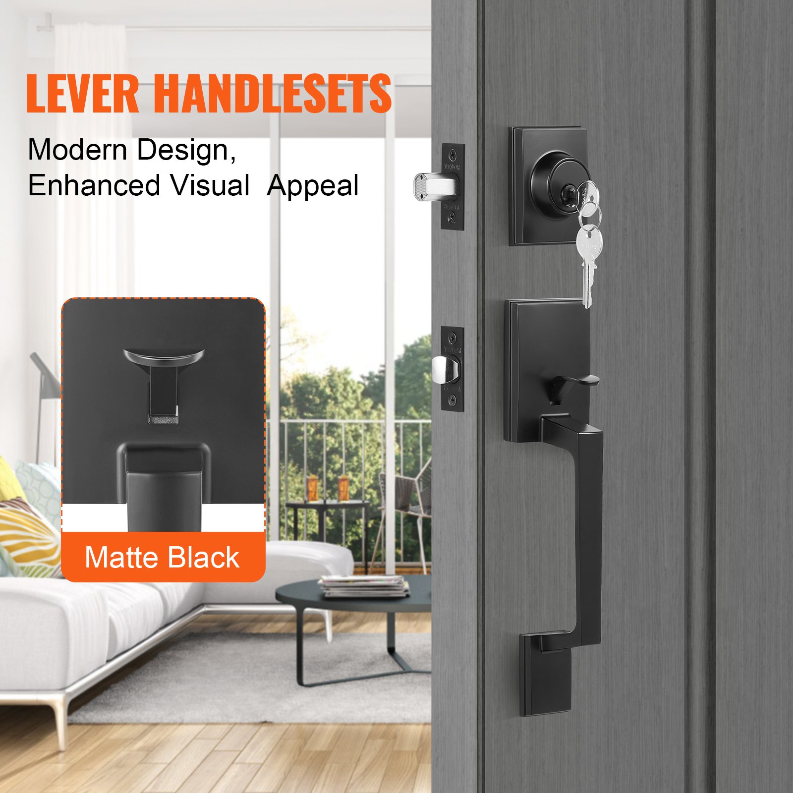 VEVOR Front Door Handle and Latch Set, Matte Black, Square Handle Set with Lever Door Handle, Single Cylinder Entrance Door Handle with Reversible Function for Right- and Left-Handed Entrance and Front Doors