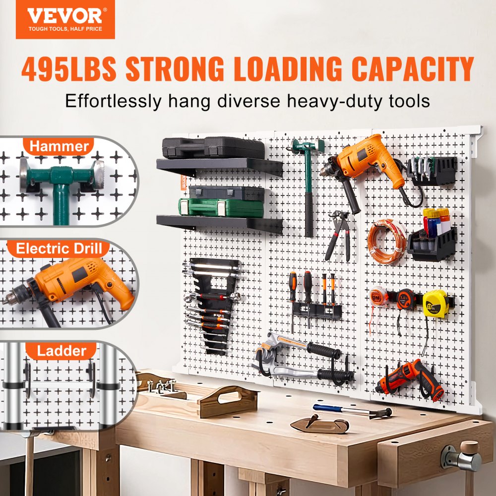 VEVOR Pegboard 48" x 32" Metal Pegboard 500lb Load Garaż Pegboard Wall Organizer Zestaw do przechowywania narzędzi z 3 pegboardami Wykonane na zamówienie haczyki Pojemniki do przechowywania