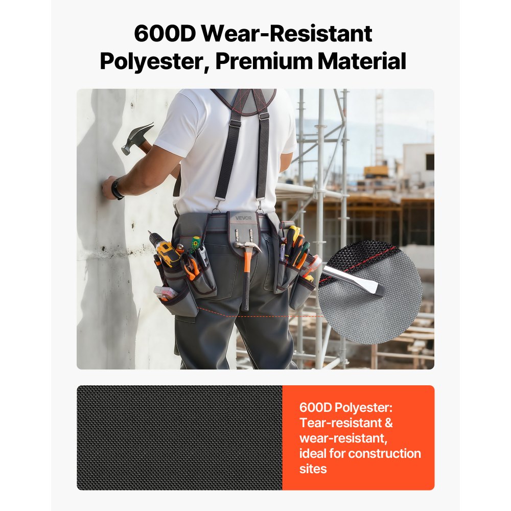 Pas narzędziowy VEVOR, pas rzemieślniczy z 22 kieszeniami i szelkami, saszetka na pasek dla elektryków, cieśli i pracowników budowlanych, organizer na fartuch, uchwyt na młotek, regulowany od 810 do 1730 mm