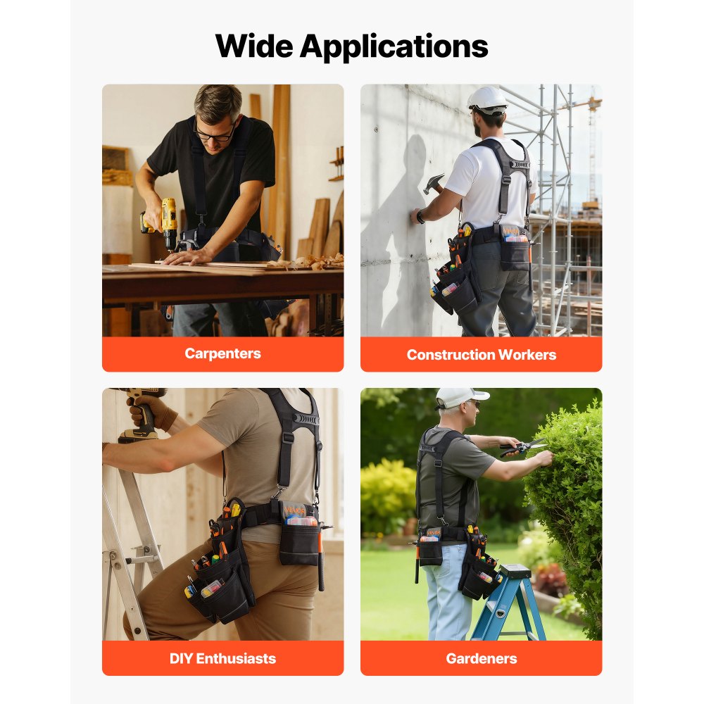 Pas narzędziowy VEVOR, pas rzemieślniczy z 19 kieszeniami i szelkami, uchwyt na narzędzia, uchwyt na młotek dla elektryków, cieśli i pracowników budowlanych, organizer na fartuch, regulowany od 800 do 1310 mm