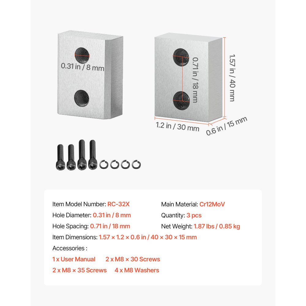 VEVOR Rebar Cutter Blades, 6 Pcs Replacement Jaw Blades for 1-1/4 Inch 32mm #10 Electric Rebar Cutter, Double-sided, CR12MOV High-Hardness Steel, Fast Efficient with Screws and Spring Washer