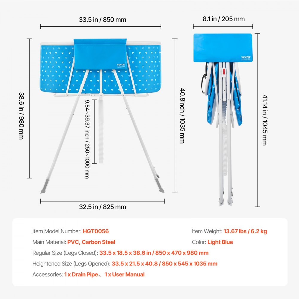 VEVOR Portable Dog Bathtub, Elevated & Collapsible Pet Bathtub with Fast Drainage, Bathtub for Washing & Grooming Small & Medium Dogs and Cats, Light Blue