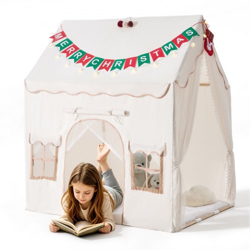 Namiot dziecięcy VEVOR Playhouse 2 w 1, 1250 x 1100 x 1400 mm, beżowy, domek dla maluchów, drewniana rama, z wyściełaną matą, lampkami w kształcie gwiazdek, pomponami i przewiewnym okienkiem