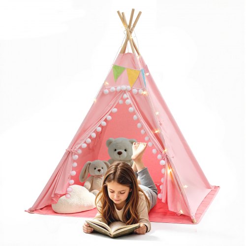 VEVOR Namiot dziecięcy do zabawy, namiot tipi, namiot dziecięcy, 1200x1200x1400 mm, różowy, dla małych dzieci, z płótna bawełnianego, z wyściełaną matą, lampkami w kształcie gwiazdek, torbą transportową, flagą, przewiewnym okienkiem i pomponem
