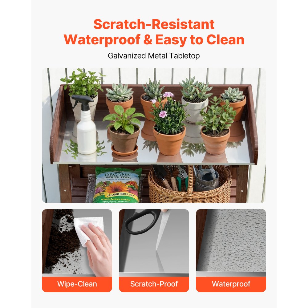 Stół do sadzenia VEVOR, stół ogrodniczy, stół roboczy do ogrodu z dużym drewnianym blatem, półkami i haczykami, stolik do kwiatów, stół ogrodowy idealny na taras, do ogrodu i na balkon, brązowy, 780x380x820 mm