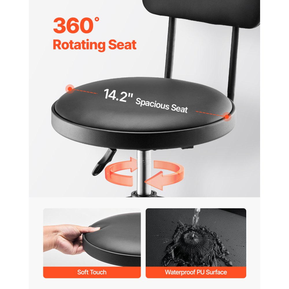 VEVOR Workshop Stool, Workshop Seat with Backrest, Garage Seat, Work Stool (136 kg Load Capacity), Height-Adjustable Rolling Seat, 360° Rotating Padded Workshop Stool for Car Repair