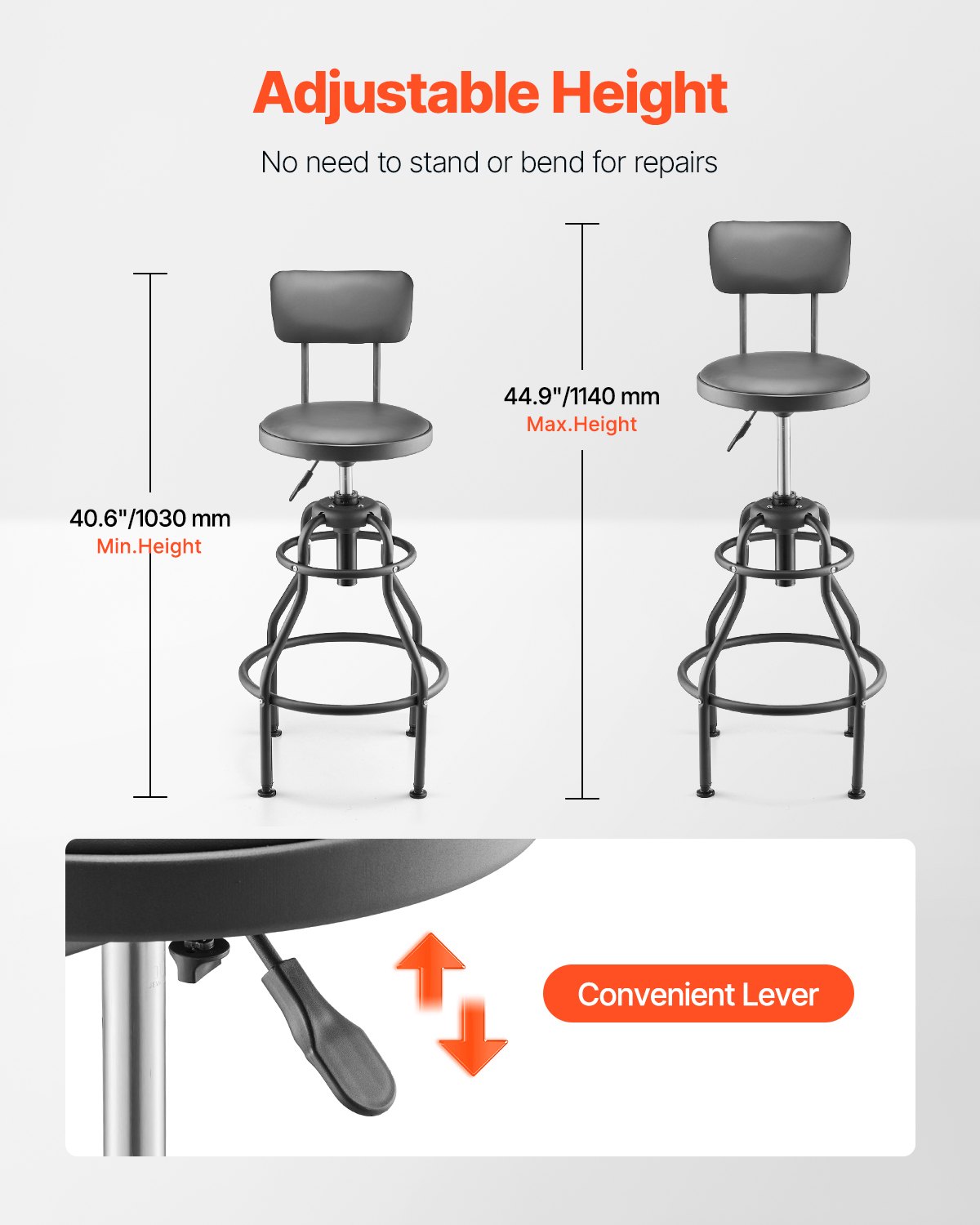VEVOR Workshop Stool, Workshop Seat with Backrest, Garage Seat, Work Stool (136 kg Load Capacity), Height-Adjustable Rolling Seat, 360° Rotating Padded Workshop Stool for Car Repair