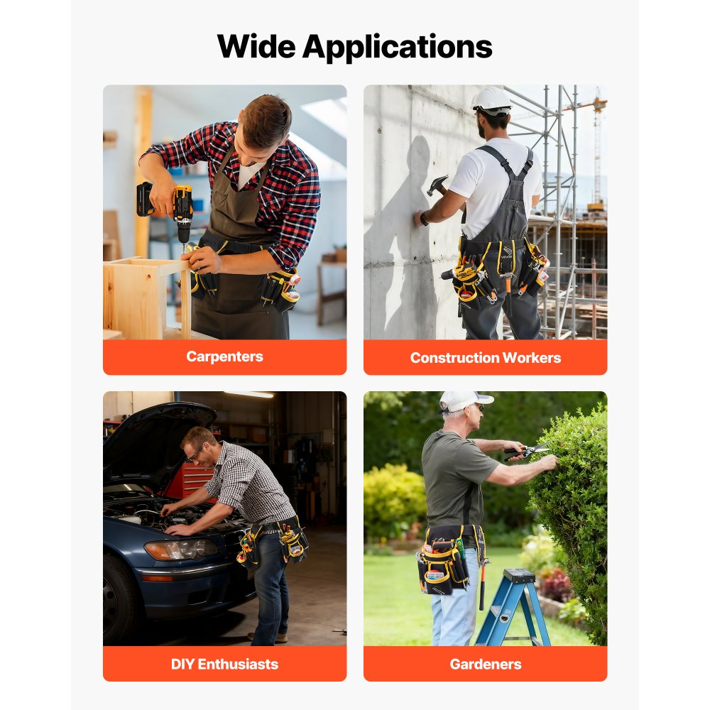Pas narzędziowy VEVOR, magnetyczny pas rzemieślniczy z 28 kieszeniami, kieszeń na pas narzędziowy, uchwyt na narzędzia dla elektryków, cieśli i pracowników budowlanych, organizer na fartuch, regulowany w zakresie 787–1219 mm