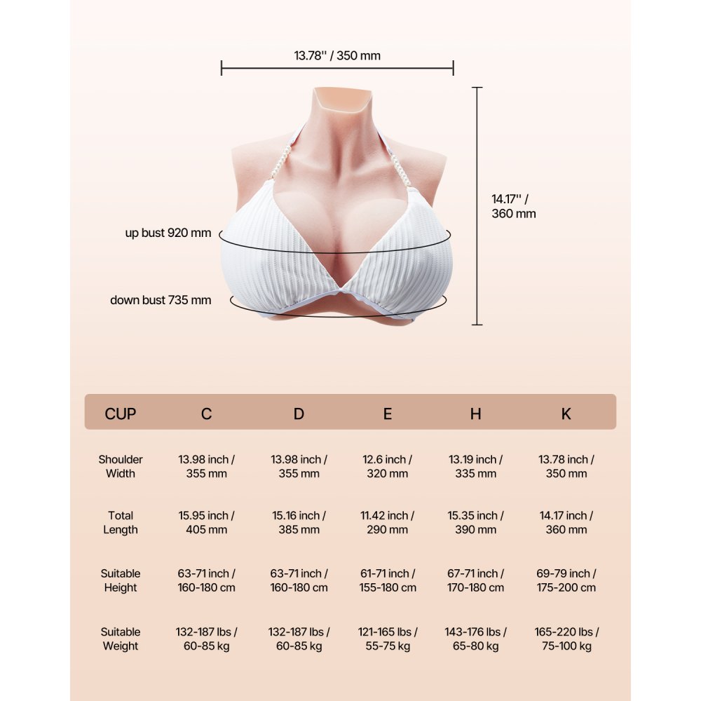 VEVOR High Collar Silicone Artificial Breast Prostheses, K-Size, Realistic Skin, Silicone Filled, High Elasticity, for Crossdressers, Transgender, Amateurs, Cosplay, Drag Queens, Ivory