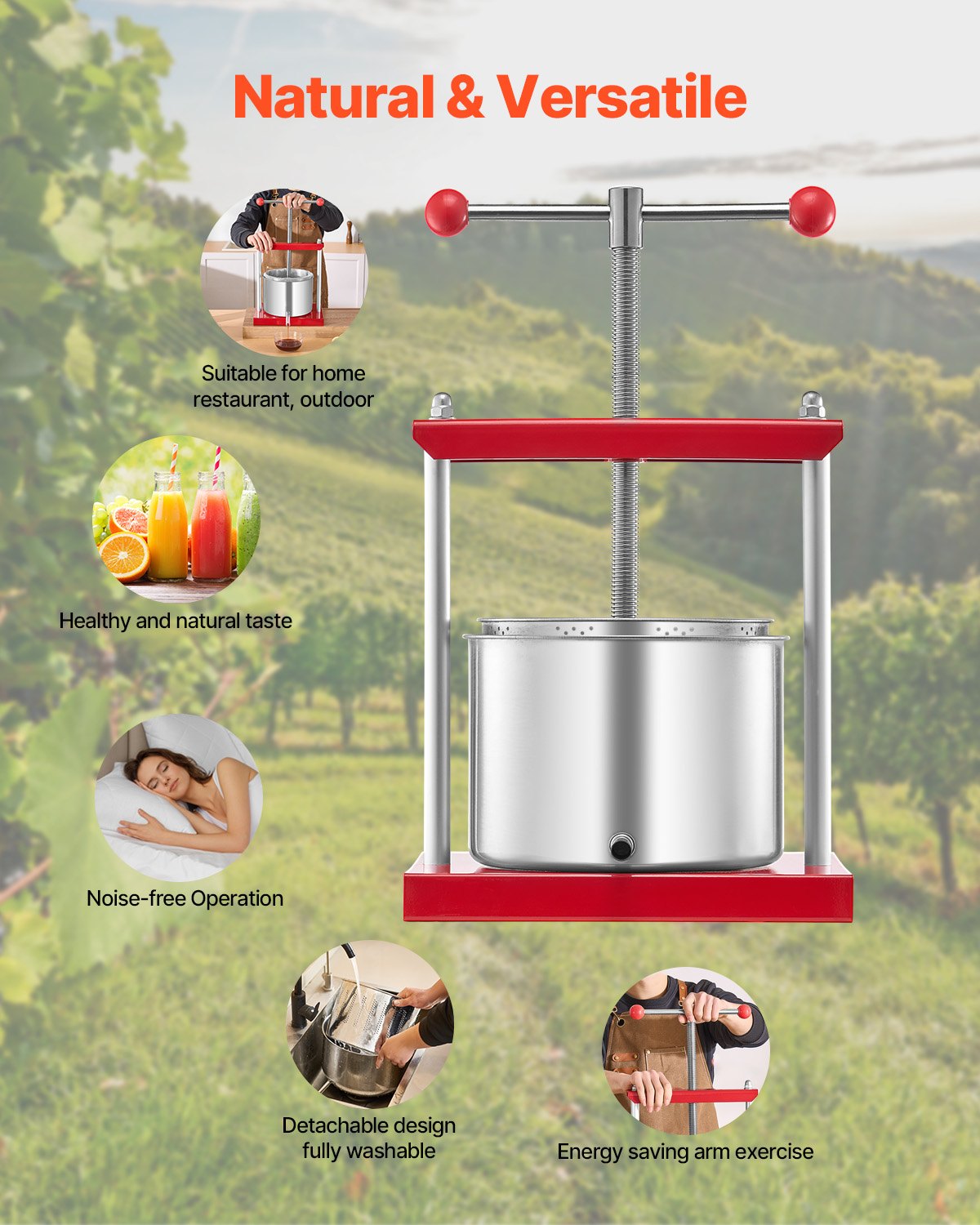 VEVOR Fruit Wine Press, Fruit Mill, Apple Mill (6 L) with 2 Stainless Steel Barrels, Manual Juicer, Cider Press, Apple Press, Grape Press, Olive Oil Press, Juice Press with T-Handle for Kitchen and Home