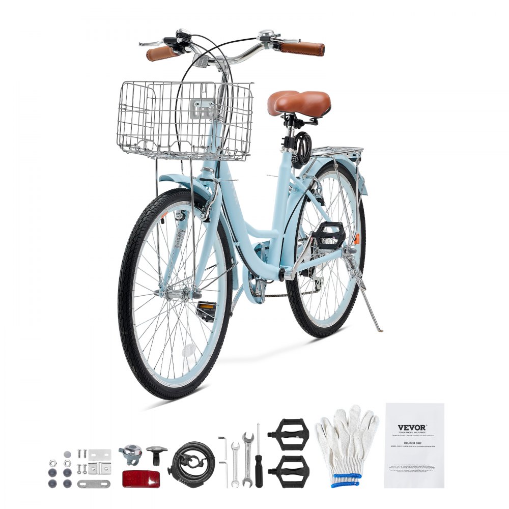Rower typu cruiser VEVOR z 7 prędkościami (średnica opony 660,4 mm) Rower plażowy z dużym koszykiem i bagażnikiem, rower typu cruiser z regulowanym siodełkiem, do jazdy na rowerze, ćwiczeń i zakupów, niebieski