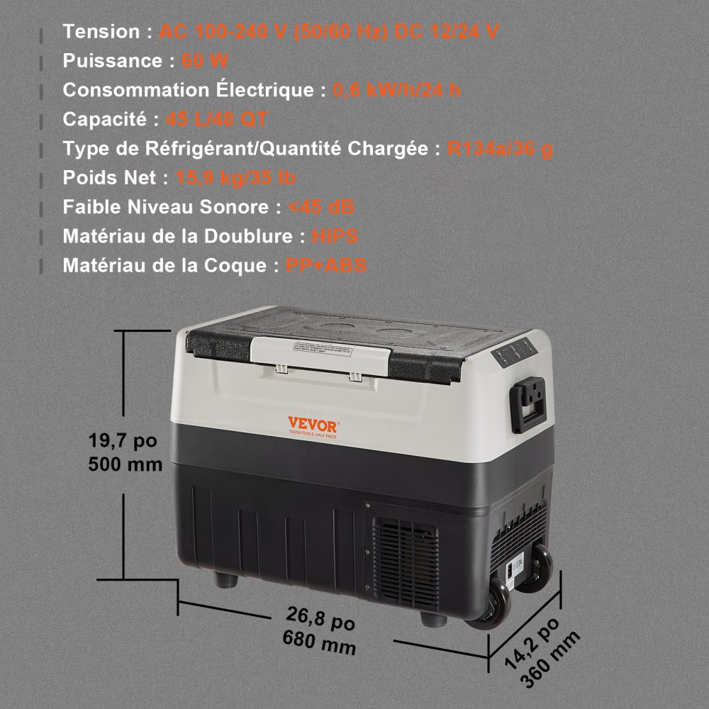 Lodówka turystyczna VEVOR 45 l, elektryczna, rolowana, zamrażarka samochodowa 2 w 1, dwustrefowa, 12/24 V, kompresor do lodówki samochodowej, utrzymujący ciepło i chłód, 60 W, uchwyt, łódź, ciężarówka, mobilna, szara