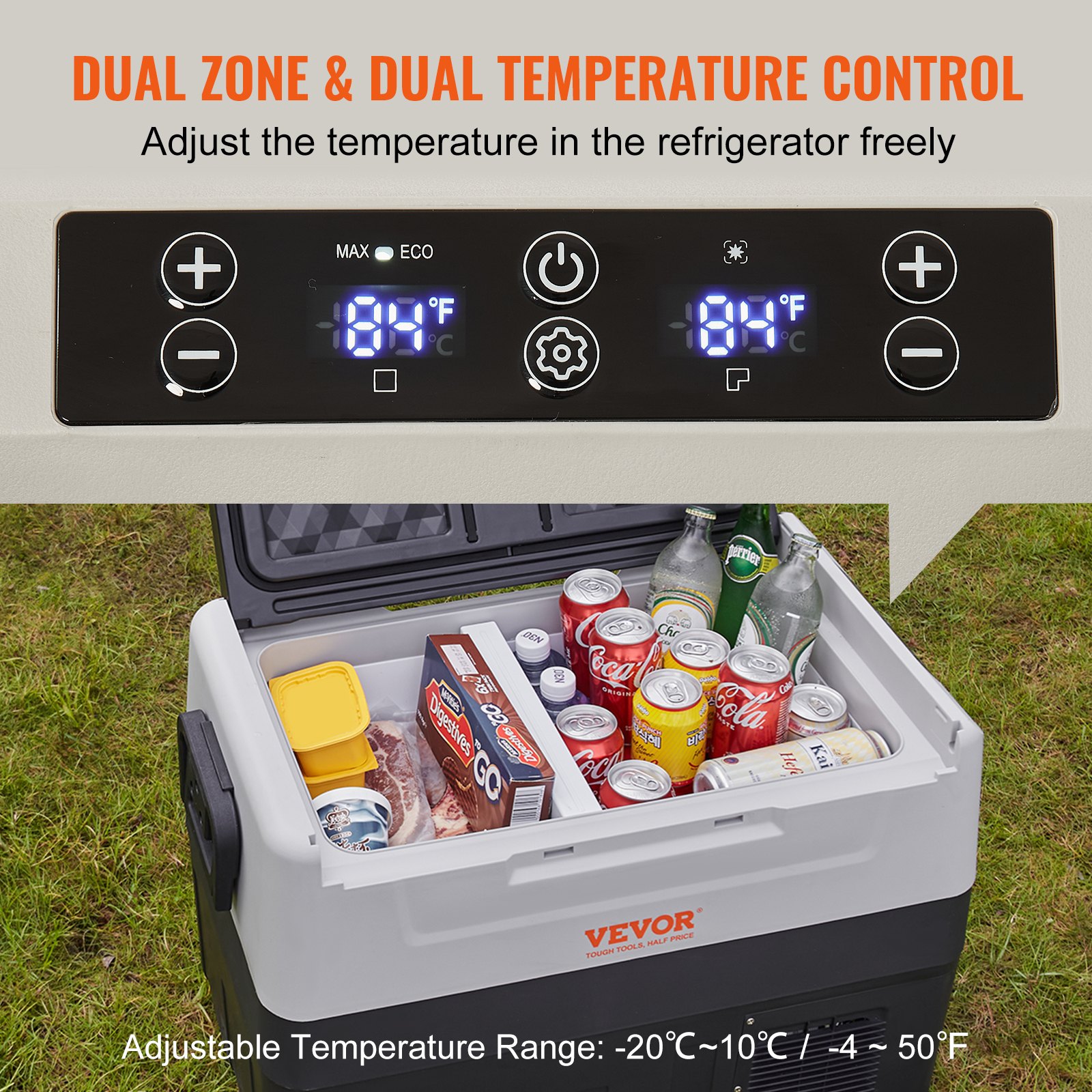 VEVOR Camping Refrigerator 55L Cooler Box, 12/24V Rollable Electric Freezer Box 2 in 1 Dual Zone, Car Refrigerator Compressor for Warming and Cooling 60W Portable Handle Boat, Truck, Mobile Gray