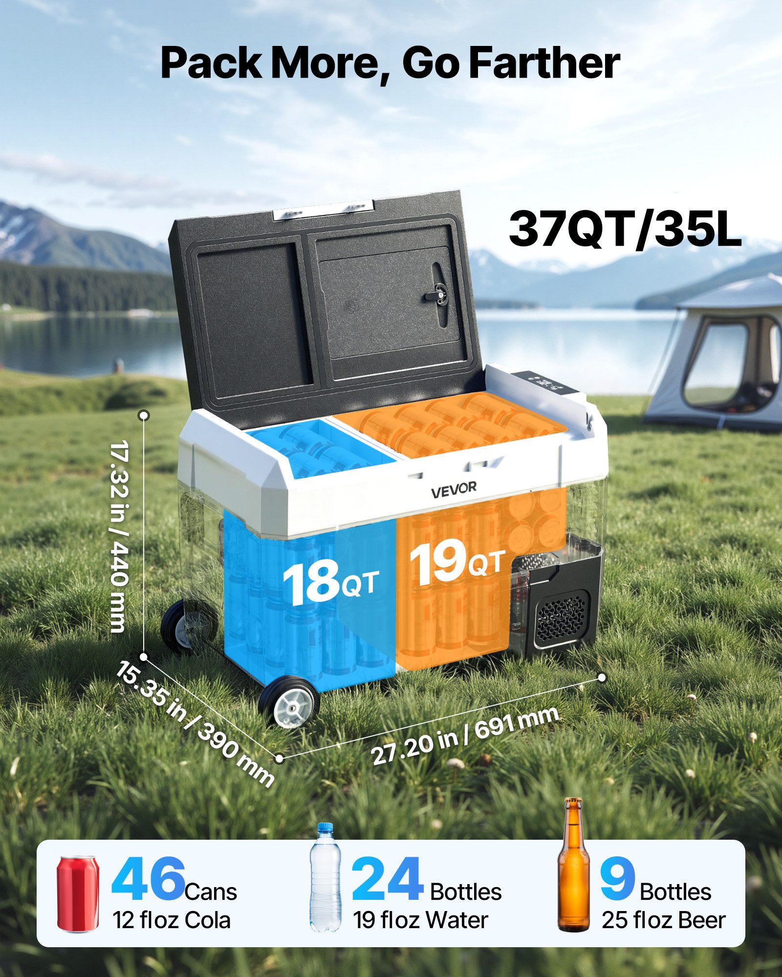 Lodówka samochodowa VEVOR Compressor 12/24 V DC 100–240 V AC, 35 l ze sterowaniem za pomocą aplikacji, kółkami i 2 strefami temperaturowymi (od -20°C do 20°C), przenośna lodówka do kamperów, łodzi, na kemping i wędkowanie