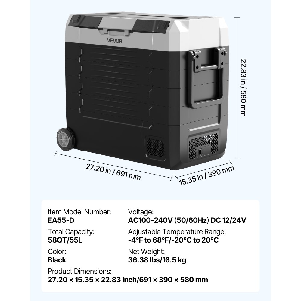 VEVOR Car Refrigerator, DC 12/24V AC100-240V Compressor Electric Cooler, -20°C to 20°C Truck Refrigerator with APP Control, Wheels & Dual Zone, 55L Cars Cooler for RVs, Boats, Camping, Fishing