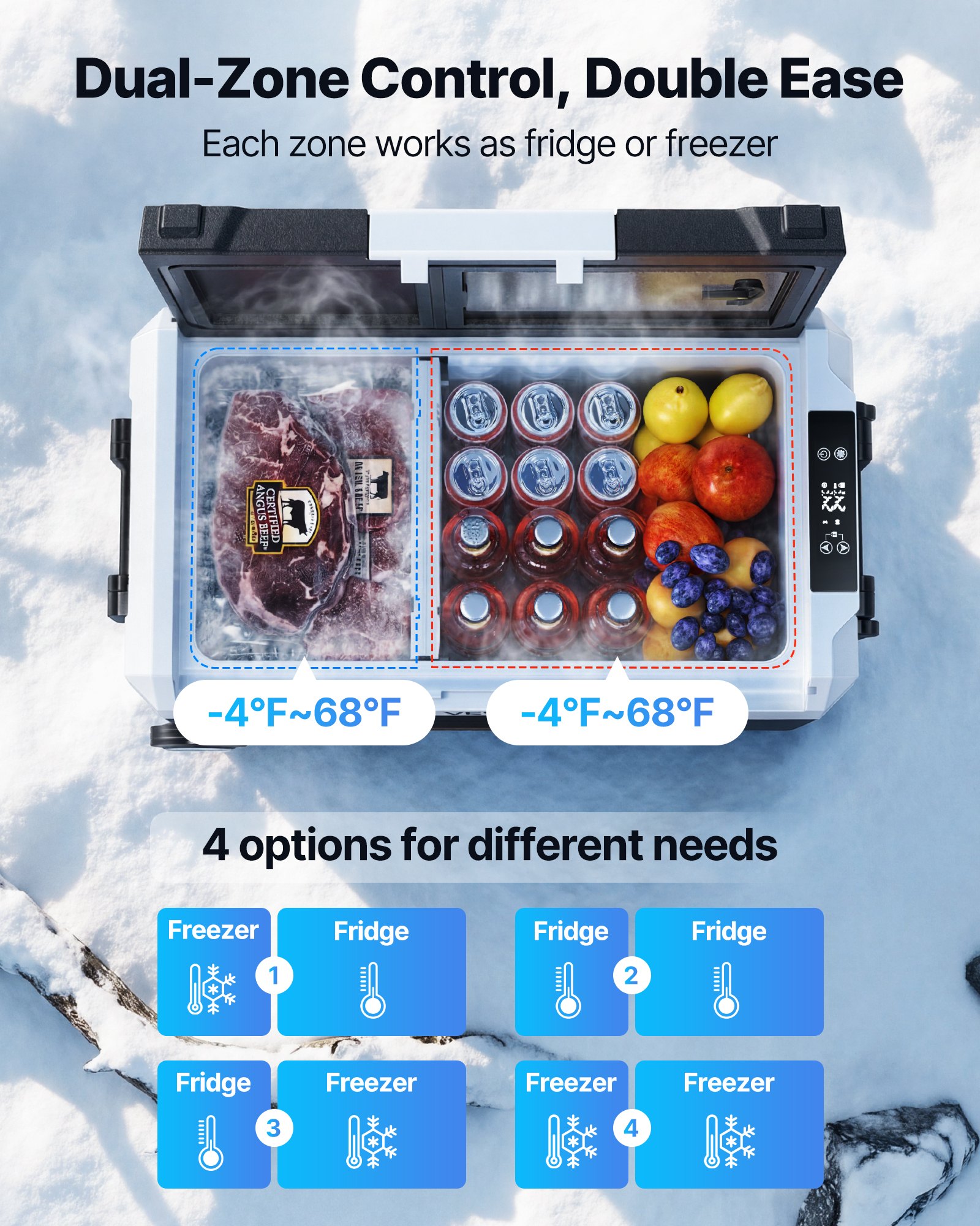VEVOR Car Refrigerator, DC 12/24V AC100-240V Compressor Electric Cooler, -20°C to 20°C Truck Refrigerator with APP Control, Wheels & Dual Zone, 55L Cars Cooler for RVs, Boats, Camping, Fishing
