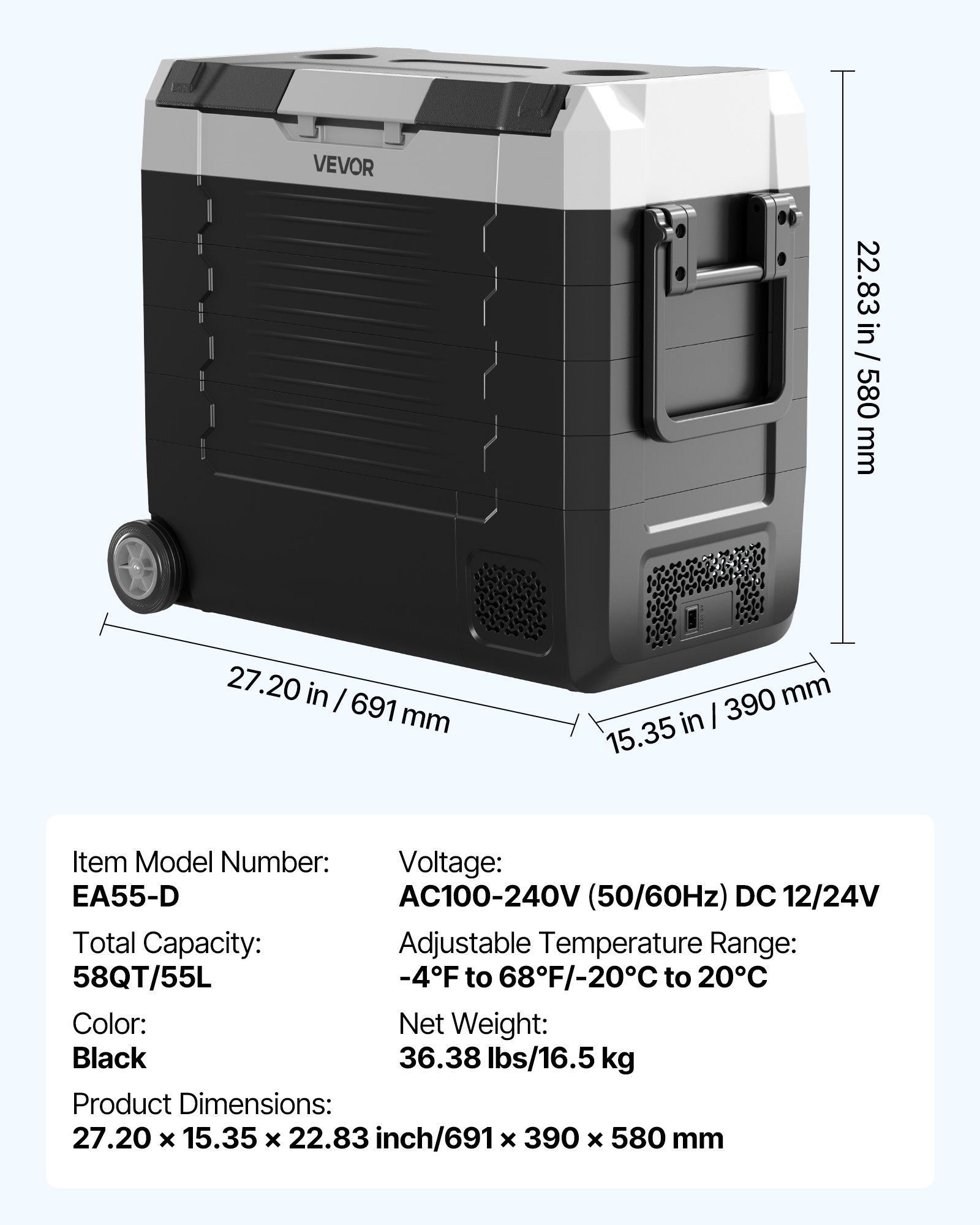 VEVOR Car Refrigerator, DC 12/24V AC100-240V Compressor Electric Cooler, -20°C to 20°C Truck Refrigerator with APP Control, Wheels & Dual Zone, 55L Cars Cooler for RVs, Boats, Camping, Fishing