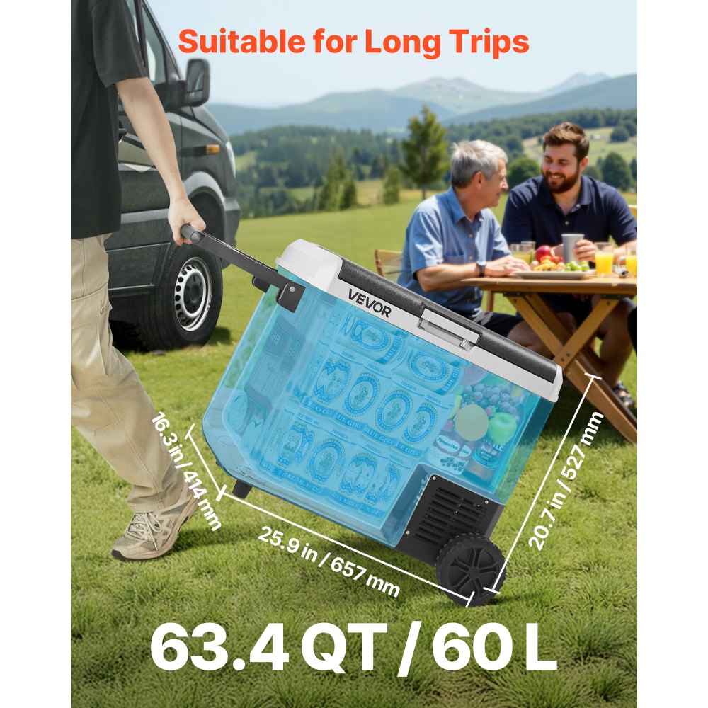 VEVOR 12 Volt Car Refrigerator, 60L Car Fridge, Portable Electric Cooler with Wheels and Handle, -20℃ to 20℃, 12/24V DC and 100- 240V AC Compressor Freezer for Outdoor, Camping, Travel, RV
