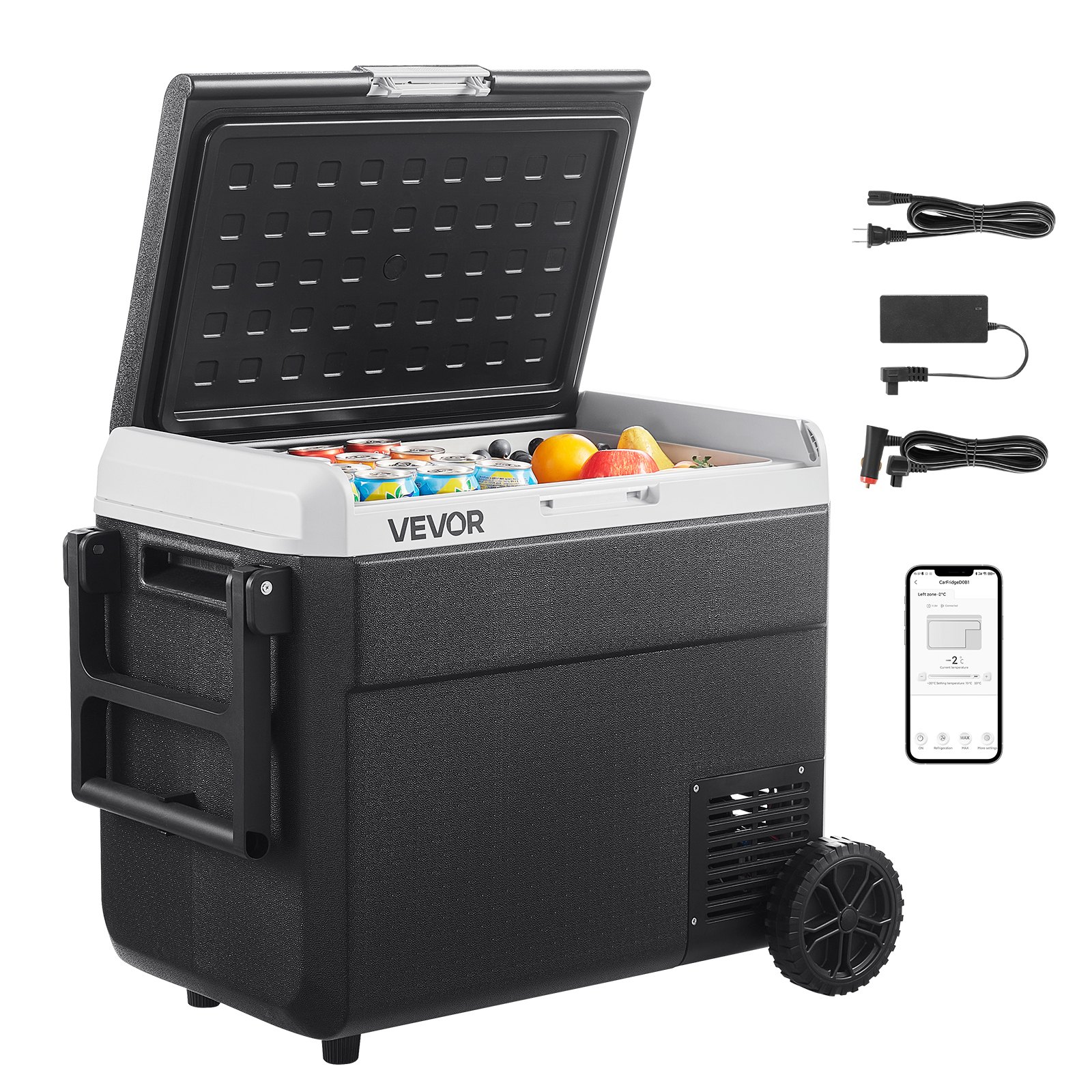 VEVOR 12 Volt Car Refrigerator, 60L Car Fridge, Portable Electric Cooler with Wheels and Handle, -20℃ to 20℃, 12/24V DC and 100- 240V AC Compressor Freezer for Outdoor, Camping, Travel, RV