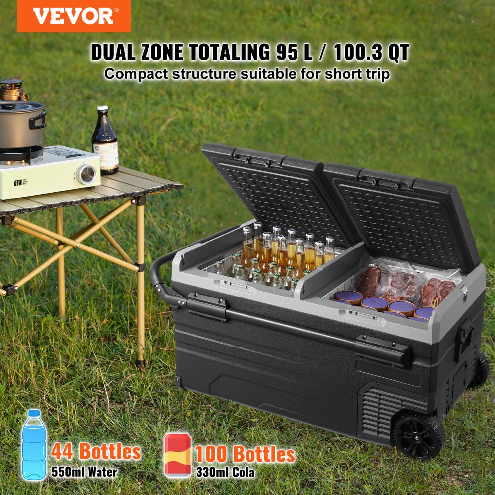VEVOR Car Refrigerator, 12 Volt Car Refrigerator Fridge, 95 L Dual Zone Portable Freezer with Wheels and Handle, -4℉-68℉, 12/24V DC and 100-240V AC Compressor Cooler for Outdoor, Camping