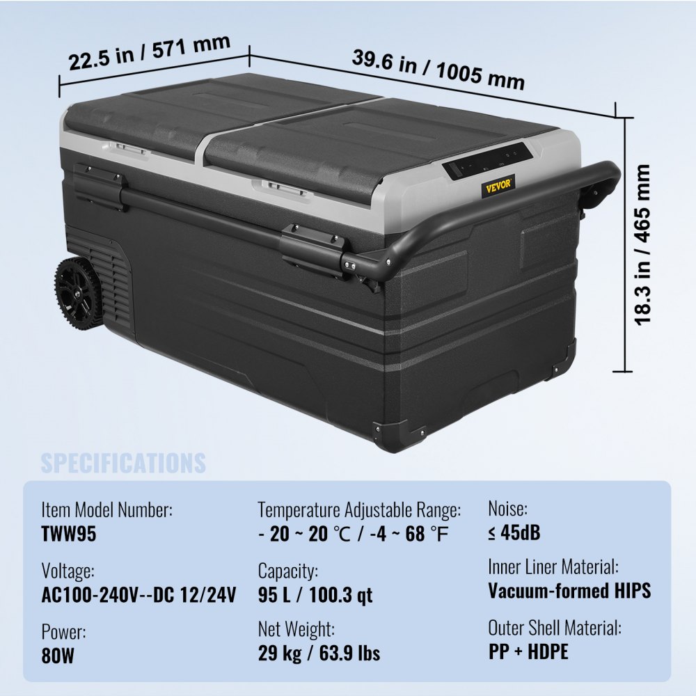 VEVOR Car Refrigerator, 12 Volt Car Refrigerator Fridge, 95 L Dual Zone Portable Freezer with Wheels and Handle, -4℉-68℉, 12/24V DC and 100-240V AC Compressor Cooler for Outdoor, Camping