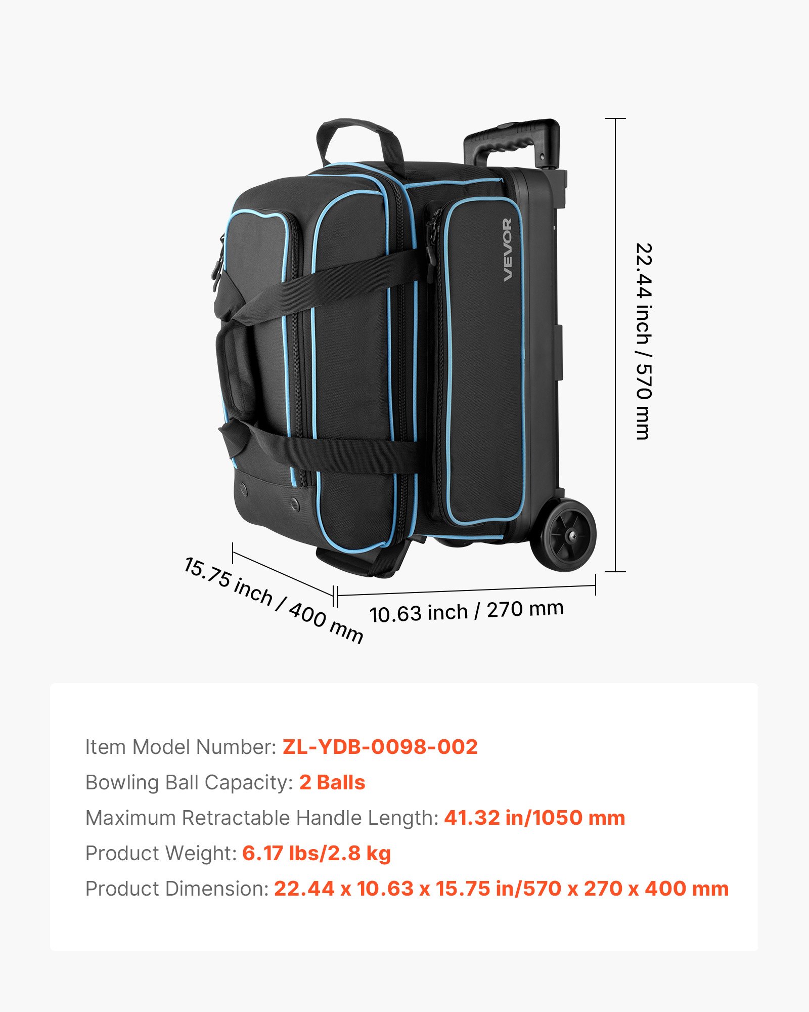 Torba do kręgli VEVOR na 3 kule z podwójnymi kółkami, oddzielną przegrodą na buty (do rozmiaru US 16) i dużą kieszenią na akcesoria, wysuwaną rączką, rozciąga się do 105 cm, kolor czarny + niebieski