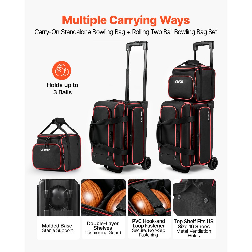 VEVOR 1 Torba do kręgli z kółkami + 1 Torba do kręgli (mini) na 2+1 kul, 600D Oxford, czerwono-czarny, na buty do rozmiaru US 16 i akcesoria, z uchwytem teleskopowym (do 1016 mm) i dwuwarstwowymi tackami