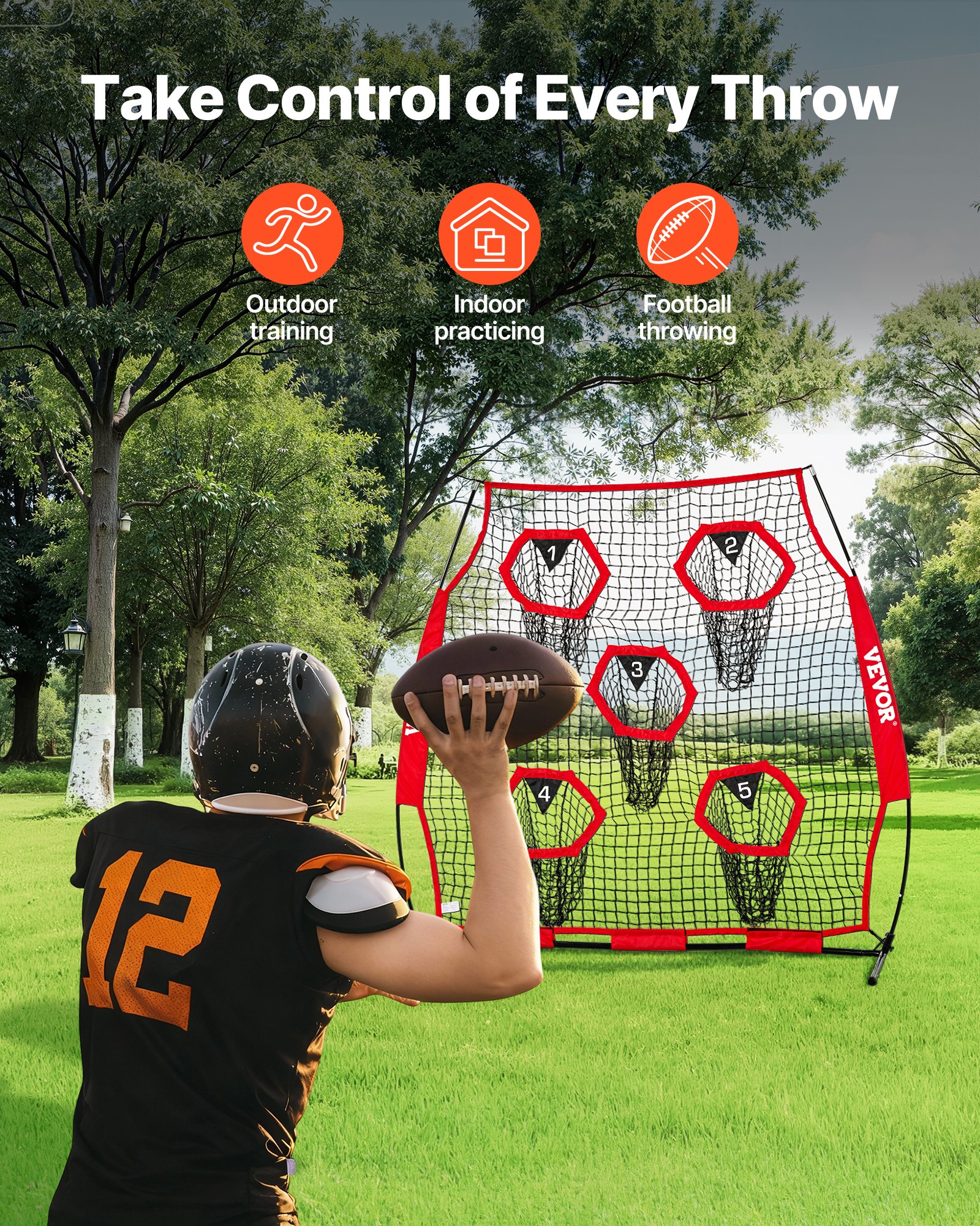 VEVOR 1828.8x1828.8mm Football Trainer Throwing Net, Training Throwing Target Practice Net with 5 Target Pockets, Knotless Net Includes Straps and Portable Carry Case, Improve QB Throwing Accuracy,Red