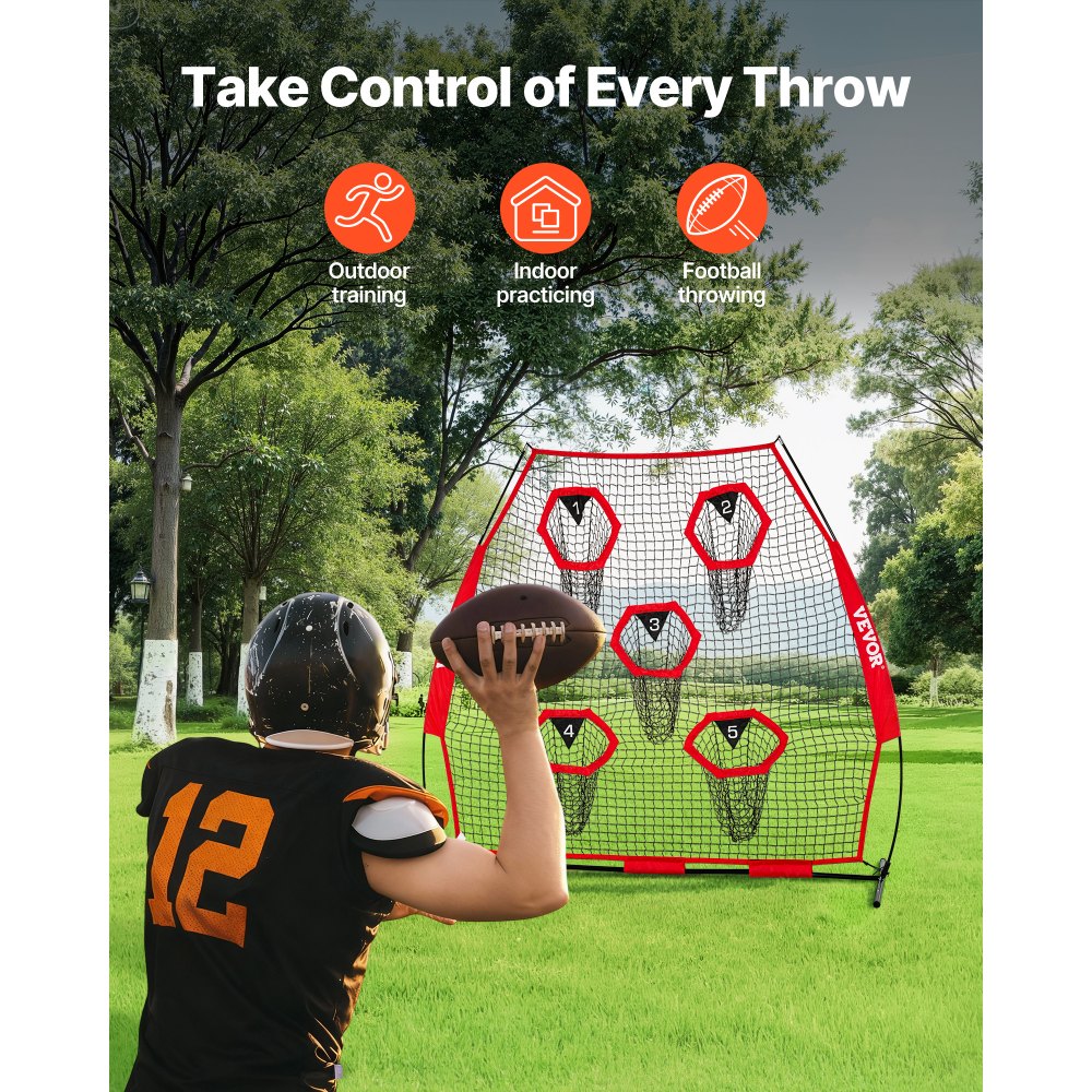 VEVOR 2133.6 x 2133.6mm Football Trainer Throwing Net, Training Throwing Target Practice Net with 5 Target Pockets, Knotless Net Includes Straps and Portable Carry Case, Improve QB Throwing Accuracy