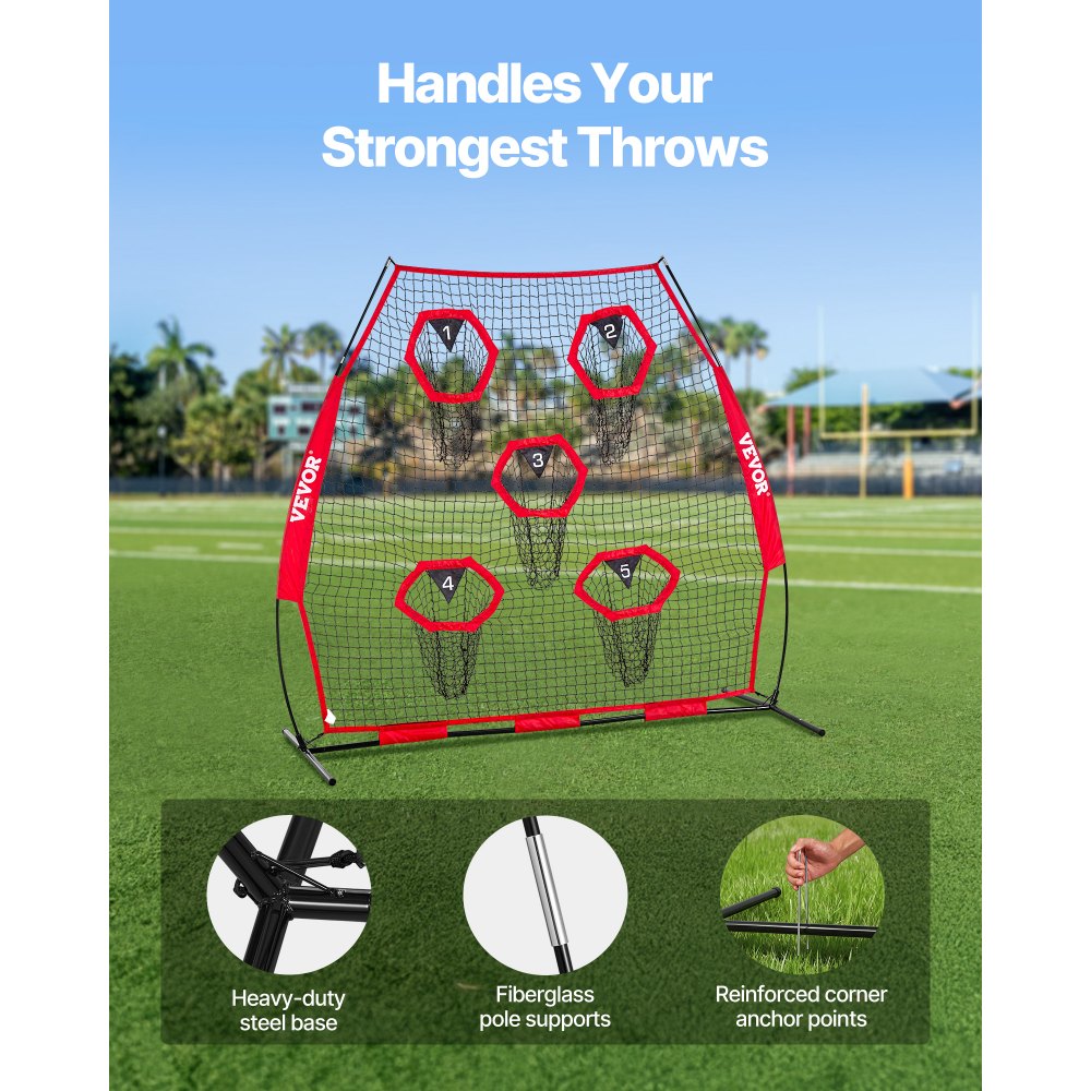 VEVOR 2133.6 x 2133.6mm Football Trainer Throwing Net, Training Throwing Target Practice Net with 5 Target Pockets, Knotless Net Includes Straps and Portable Carry Case, Improve QB Throwing Accuracy